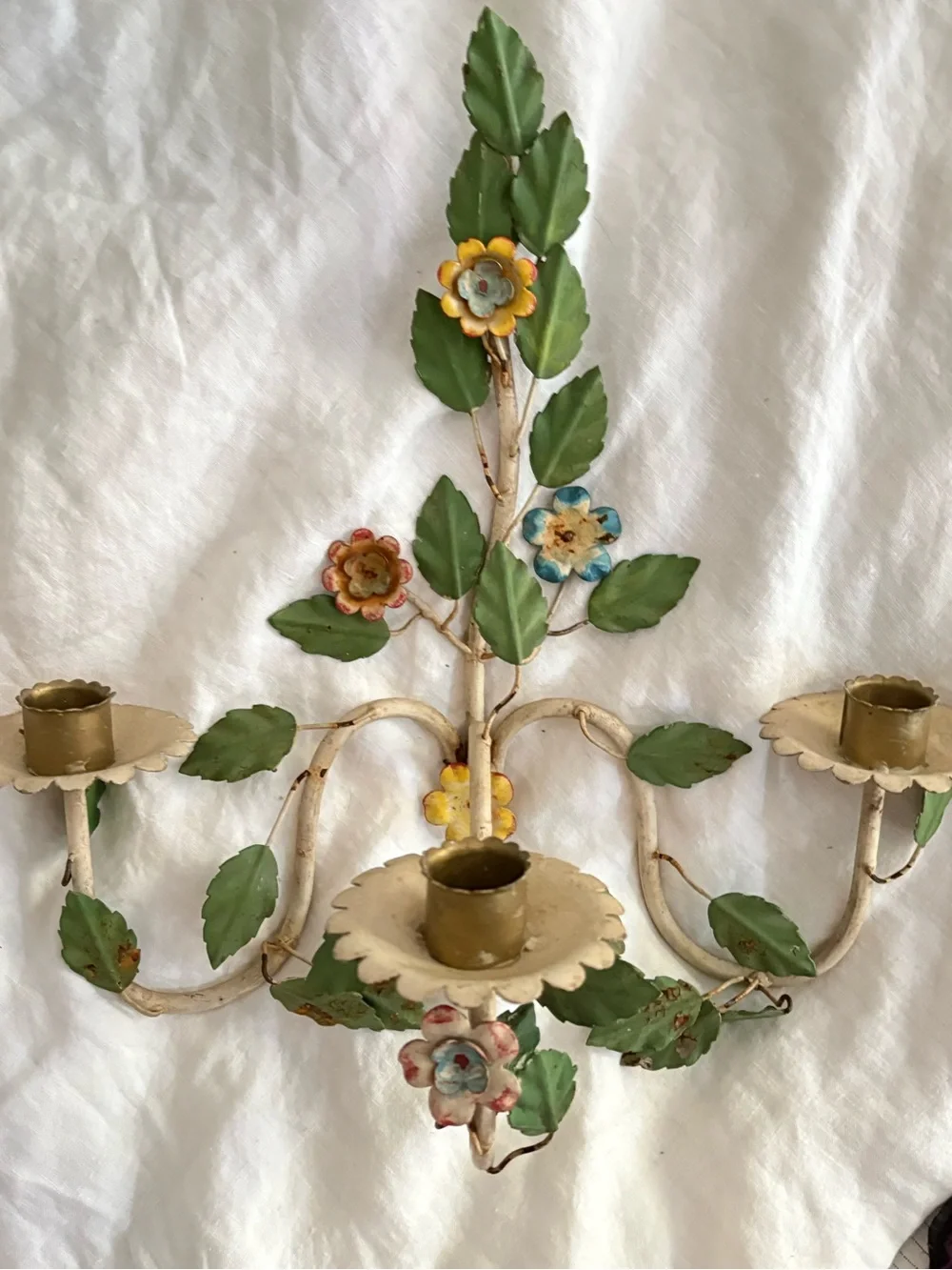 Antique Italian Tole Floral 3 arm wall sconce Hand painted